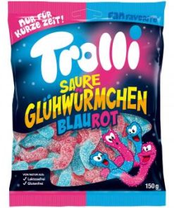 Trolli zure glimwormen blauw rood